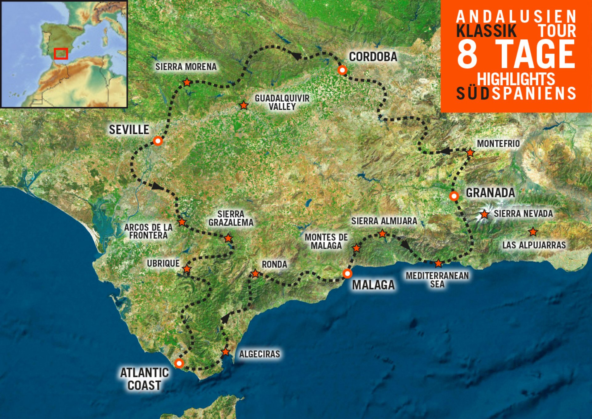 Tourenkarte der Motorradreise durch Andalusien